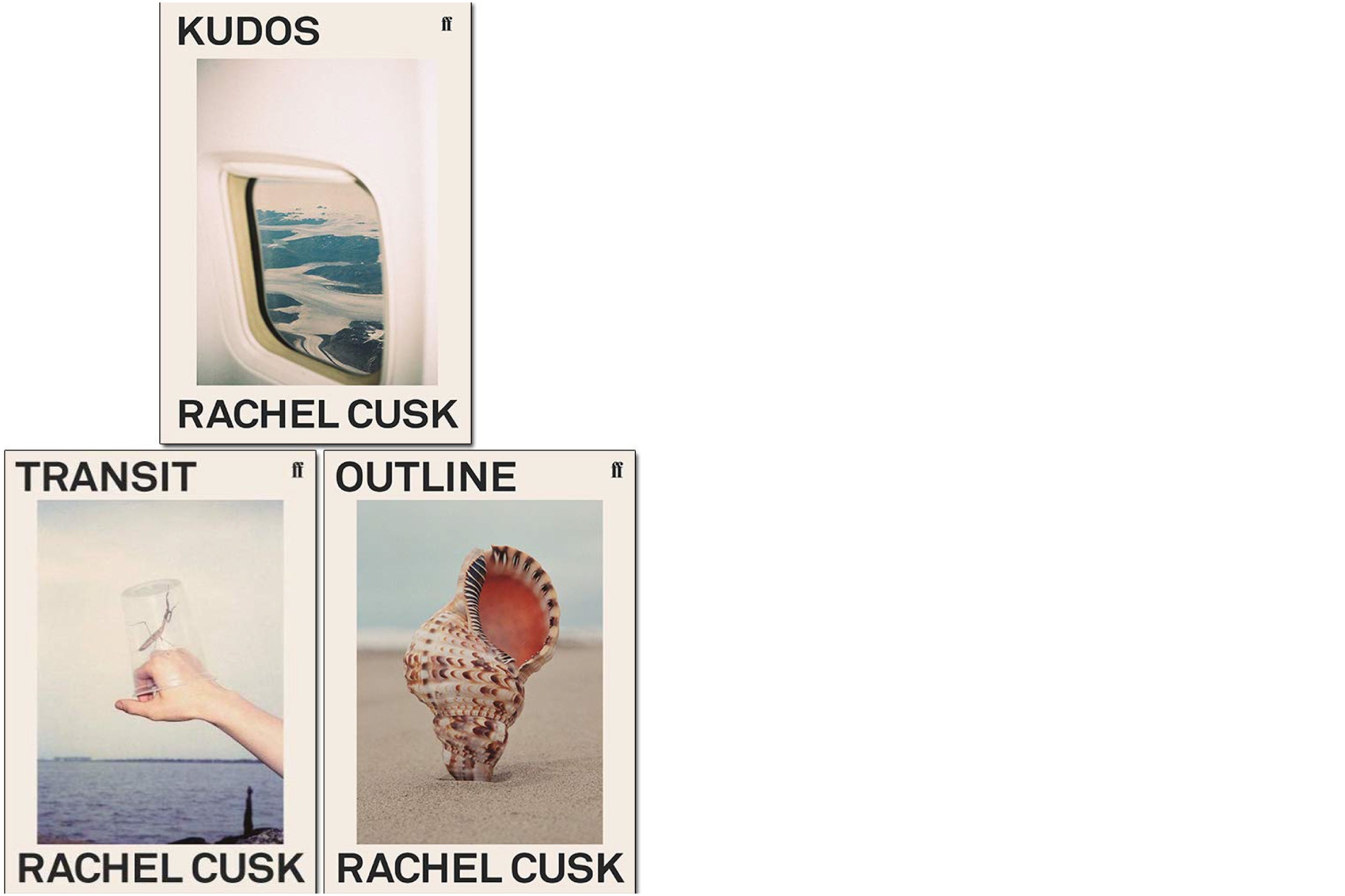 Book covers: “Outline, Transit, and Kudos” (Trilogy) by Rachel Cusk.