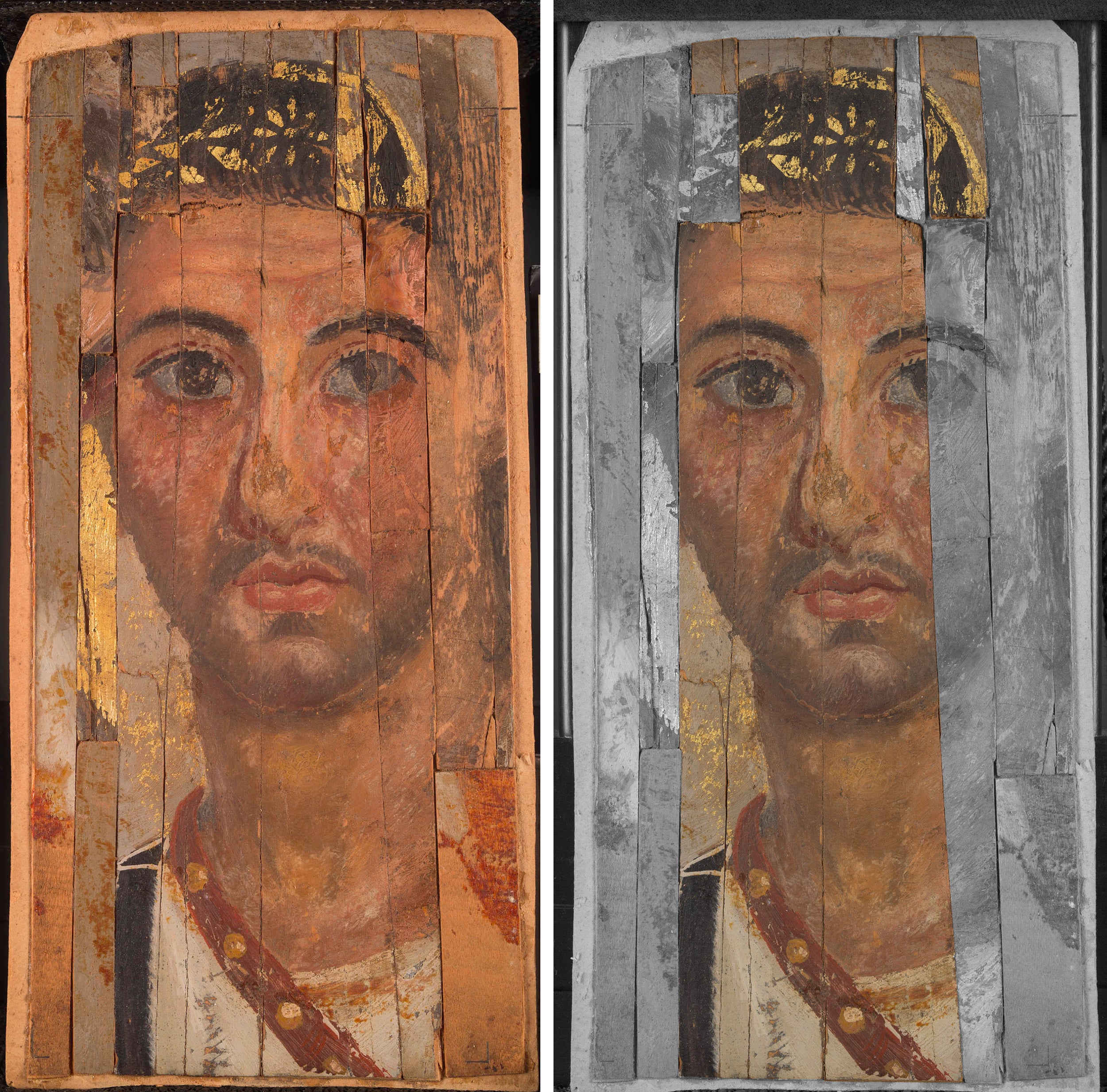 Side by side comparison shows Roman Egypt composite portrait of bearded man wearing white tunic next to diagram highlighting pieces of portrait determined by researchers to be added later from other ancient portraits.