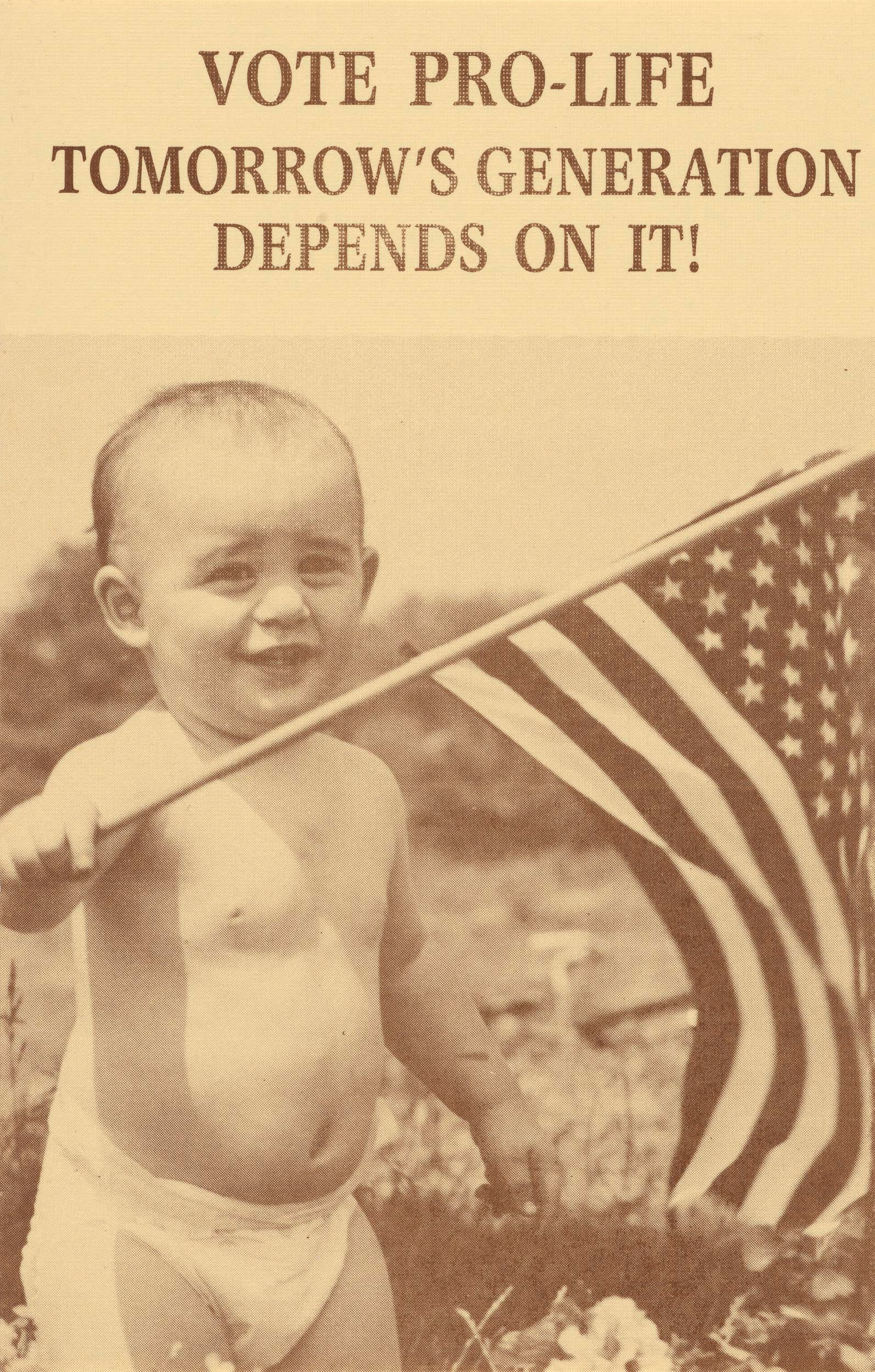 Cover of archival brochure from exhibition reads "Vote pro-life. Tomorrow's generation depends on it!"