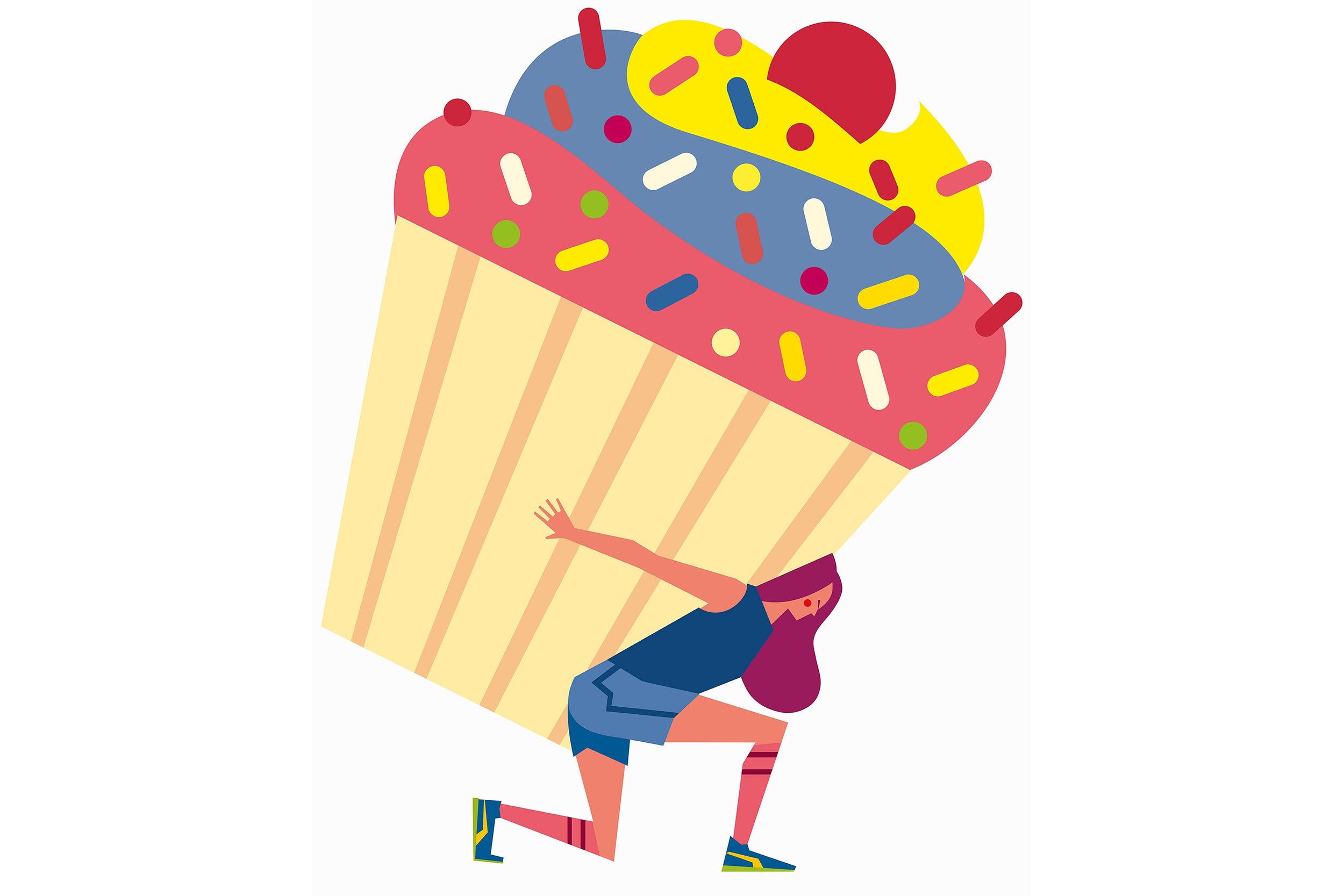 Illustration of person in workout gear carrying cupcake on back.