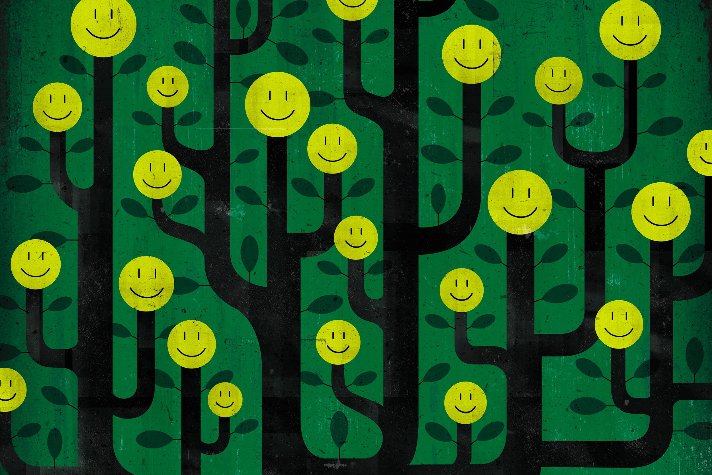 Illustration of smiling faces growing on trees. (Illustration by Davor Pavelic/Ikon Images)