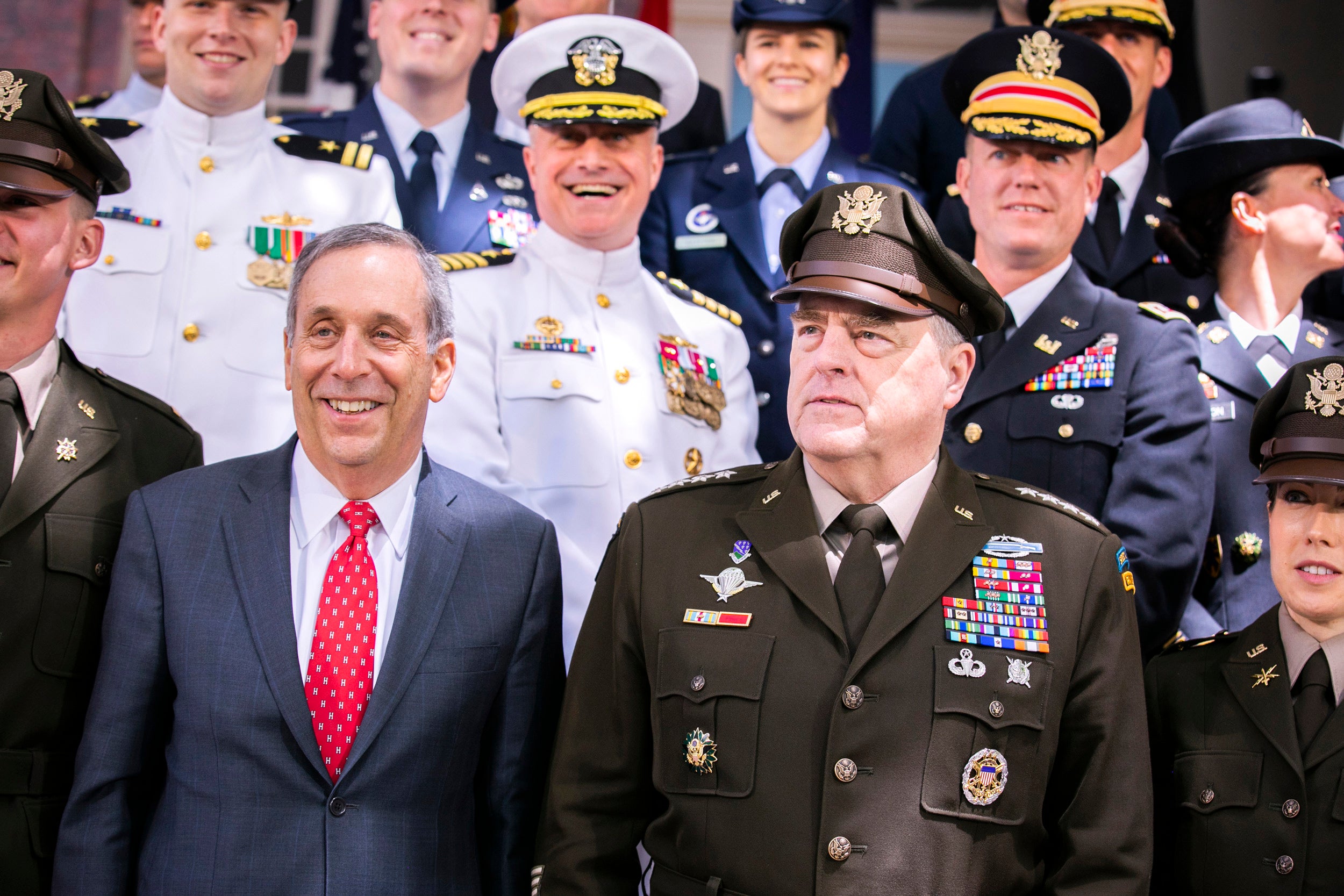 Bacow stands with Gen. Mark A. Milley at the ROTC Commissioning Ceremony for the Class of 2022.