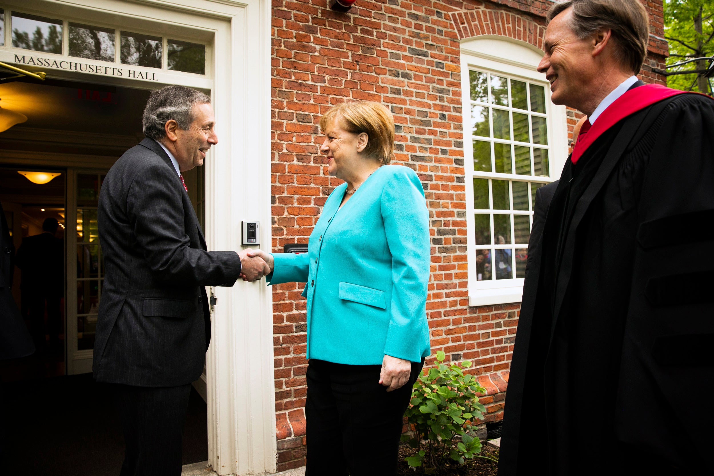 Bacow welcomed German Chancellor Angela Merkel, the 2019 Commencement speaker, to Massachusetts Hall.