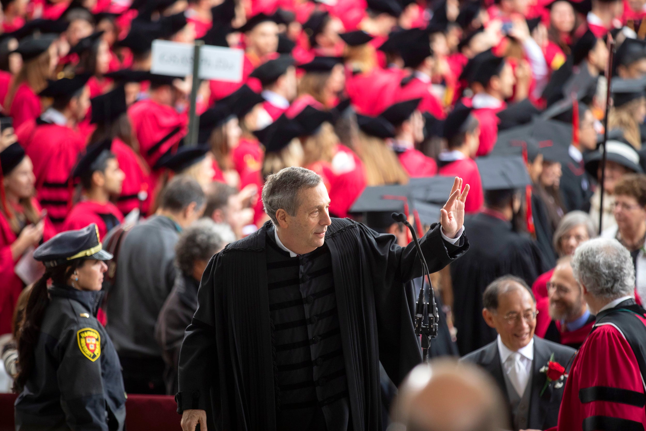 The president led the procession to Morning Exercises in Tercentenary Theatre for Harvard’s 368th Commencement.
