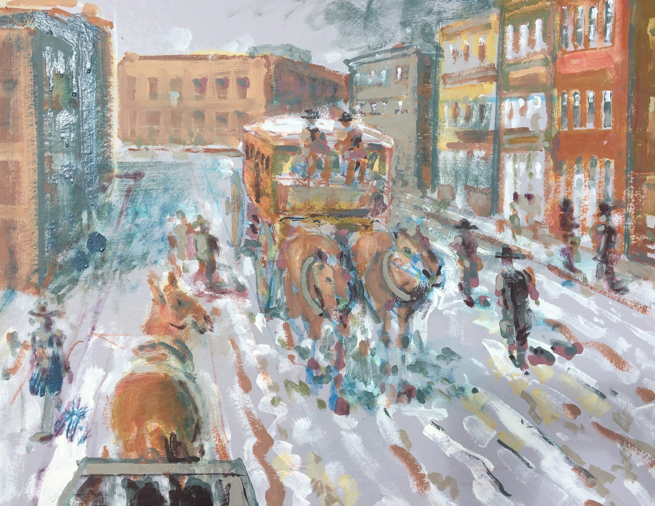 Illustration of horse-drawn omnibus streetcar.