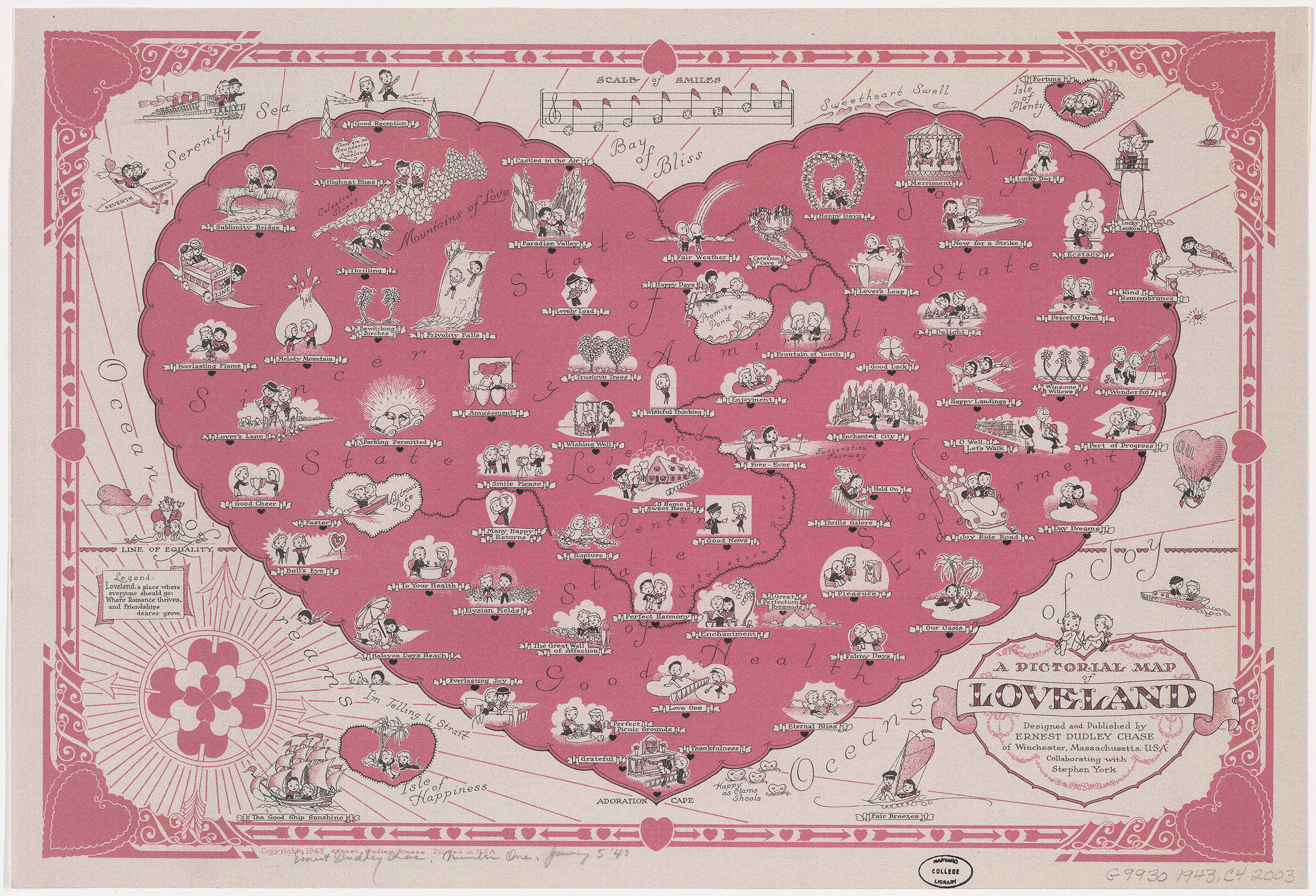 Loveland'in Resimli Haritası aşık olmakla ilgili kavramsal bir haritadır görülecek yer Parlak Göl, Mutlu İstiridye Sürüsü ve Huzur Denizi dahil.