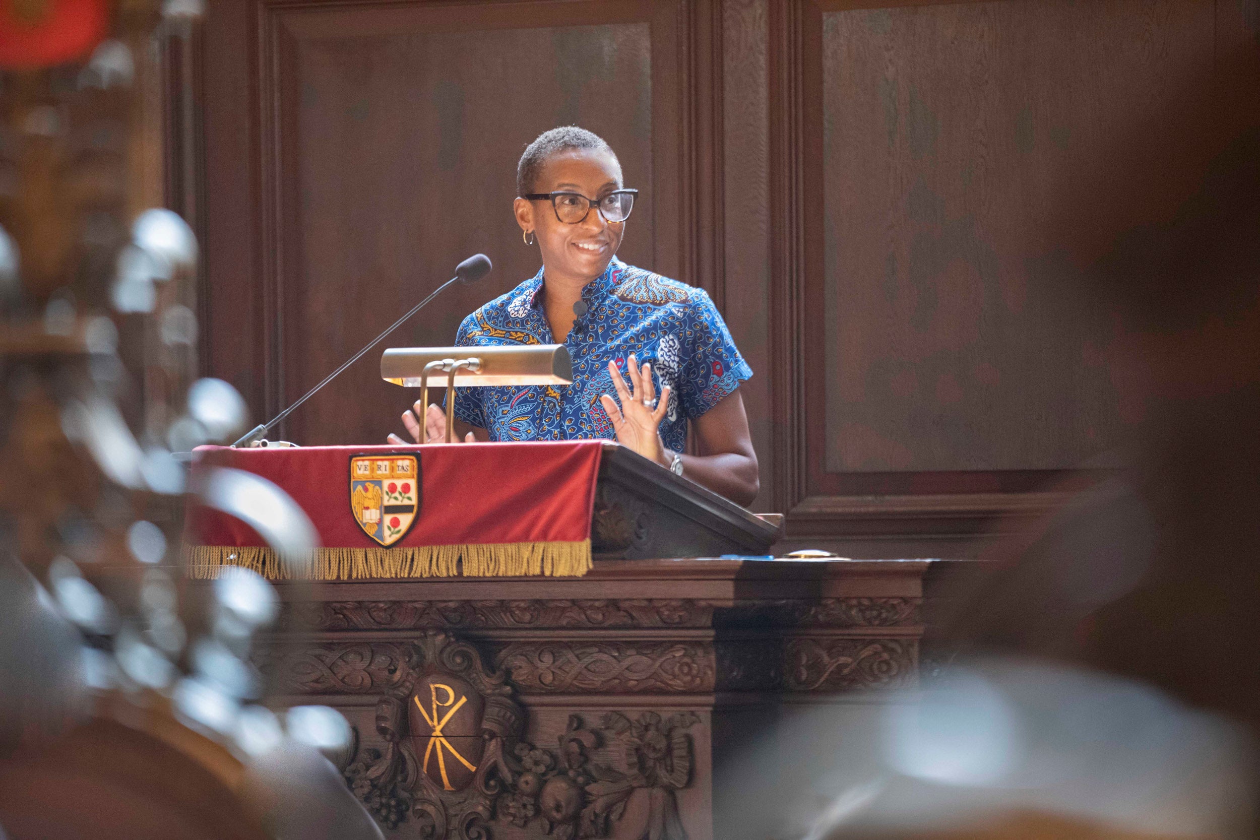 Harvard President Claudine Gay speaks at Morning Services.