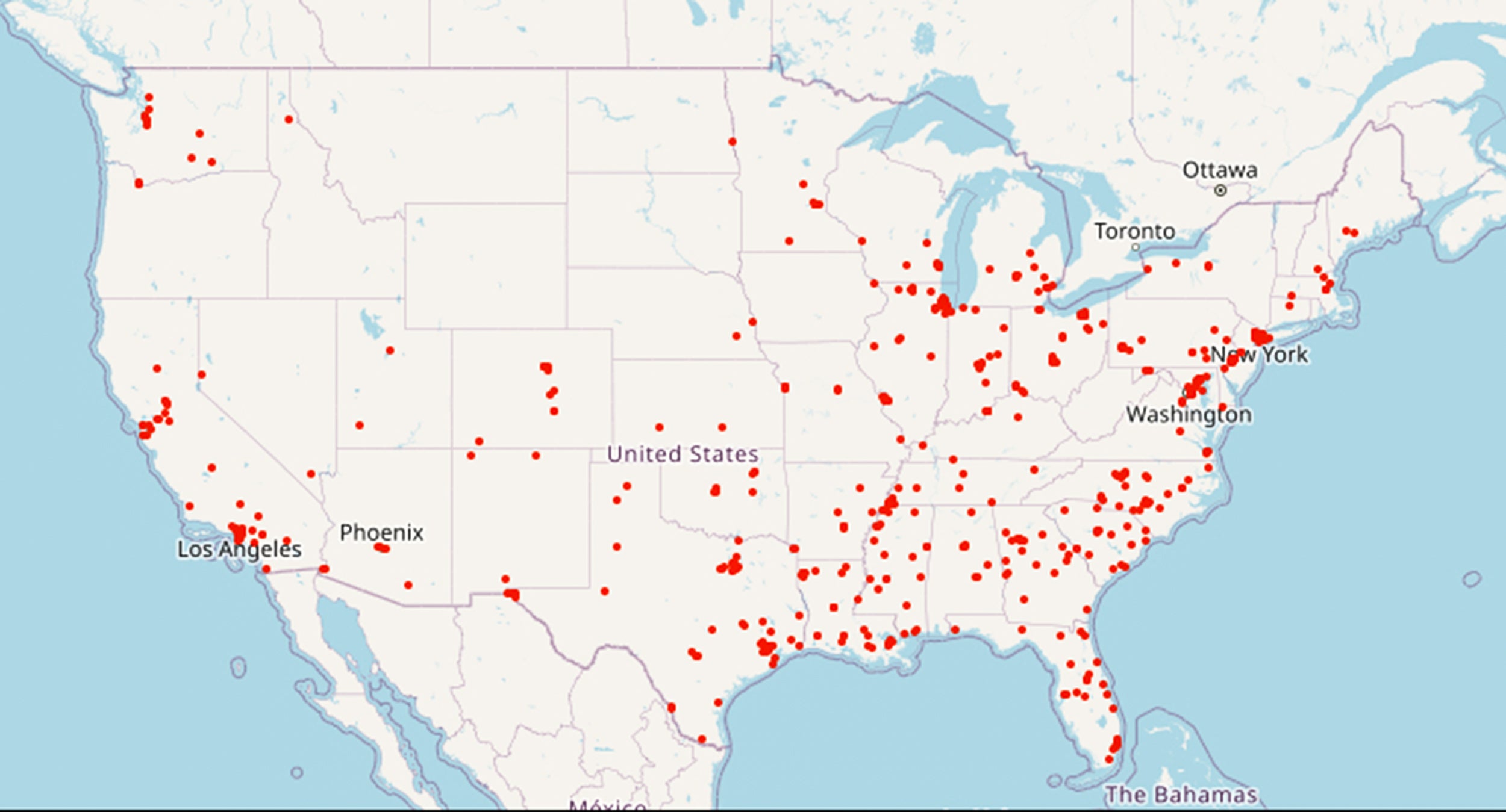 Map of U.S. shows locations of 565 mass shootings across country with heavy concentration in southeastern U.S. and major cities.