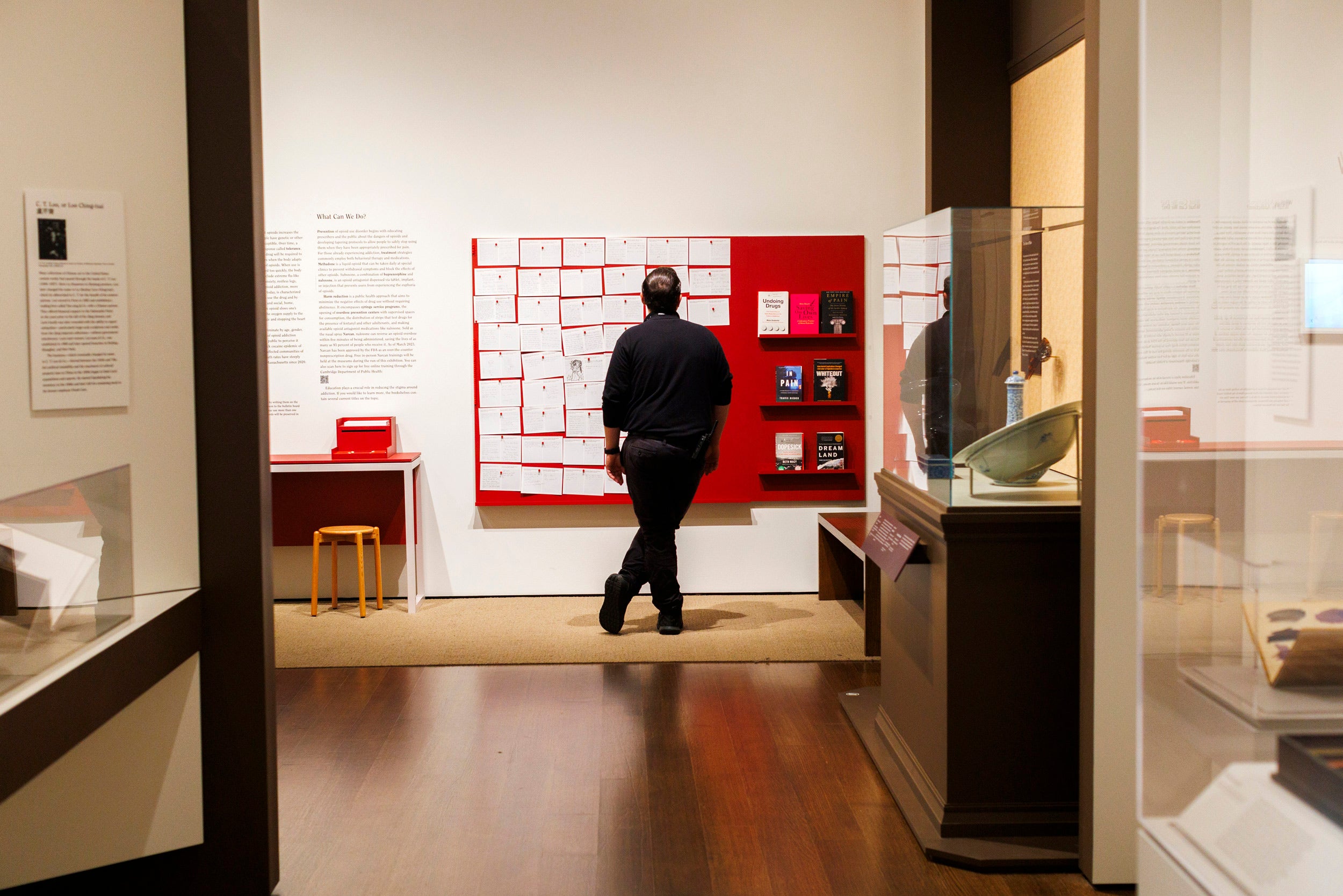 A person is pictured reading the comments written in the exhibition at Harvard Art Museums.