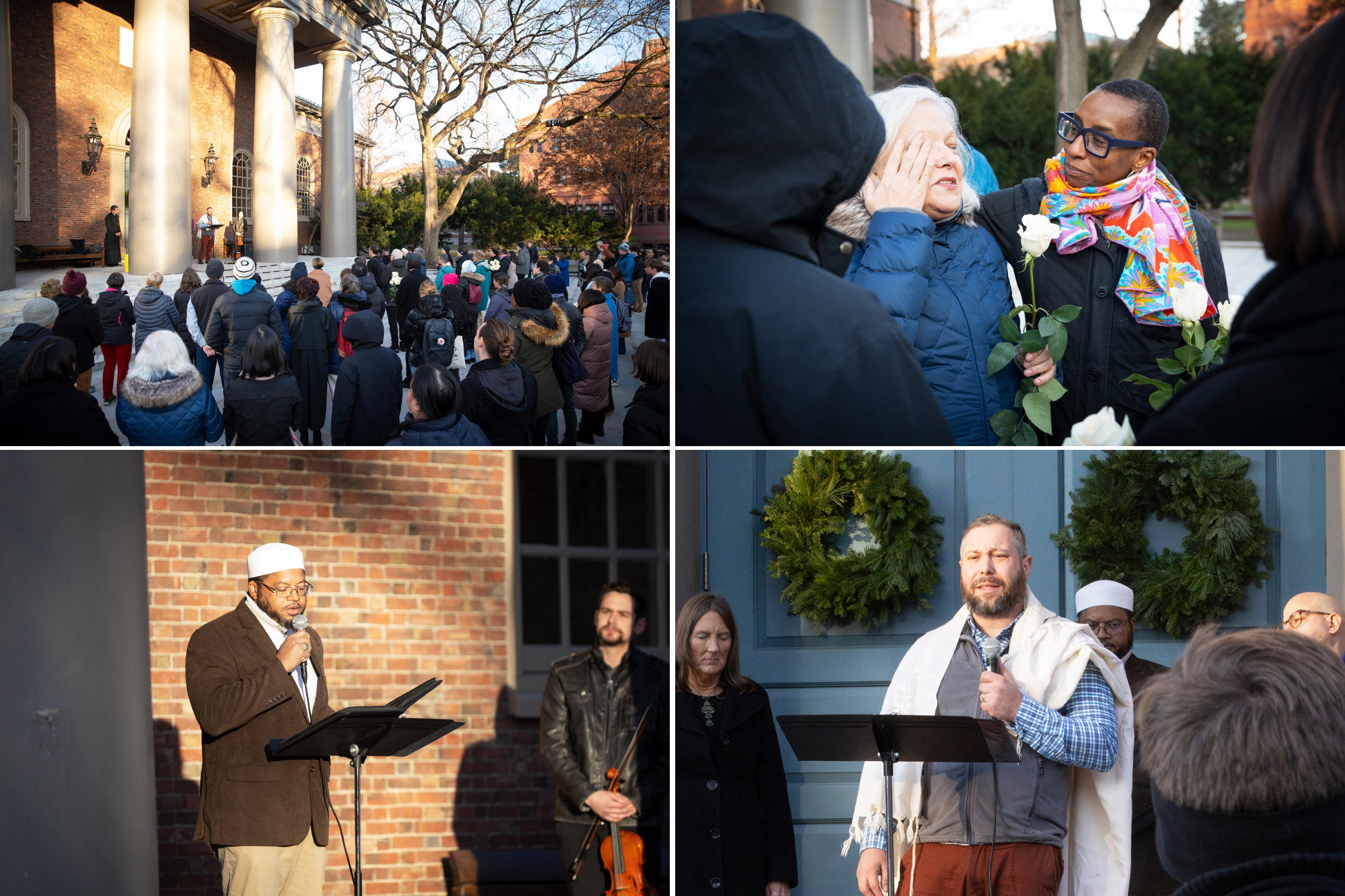 People gather in front of Memorial Church for an Israel-Hamas war vigil; Clauding Gay comforts a grieving attendee; Rabbi Getzel Davis and Imam Khalil Abdur-Rashid lead prayers.