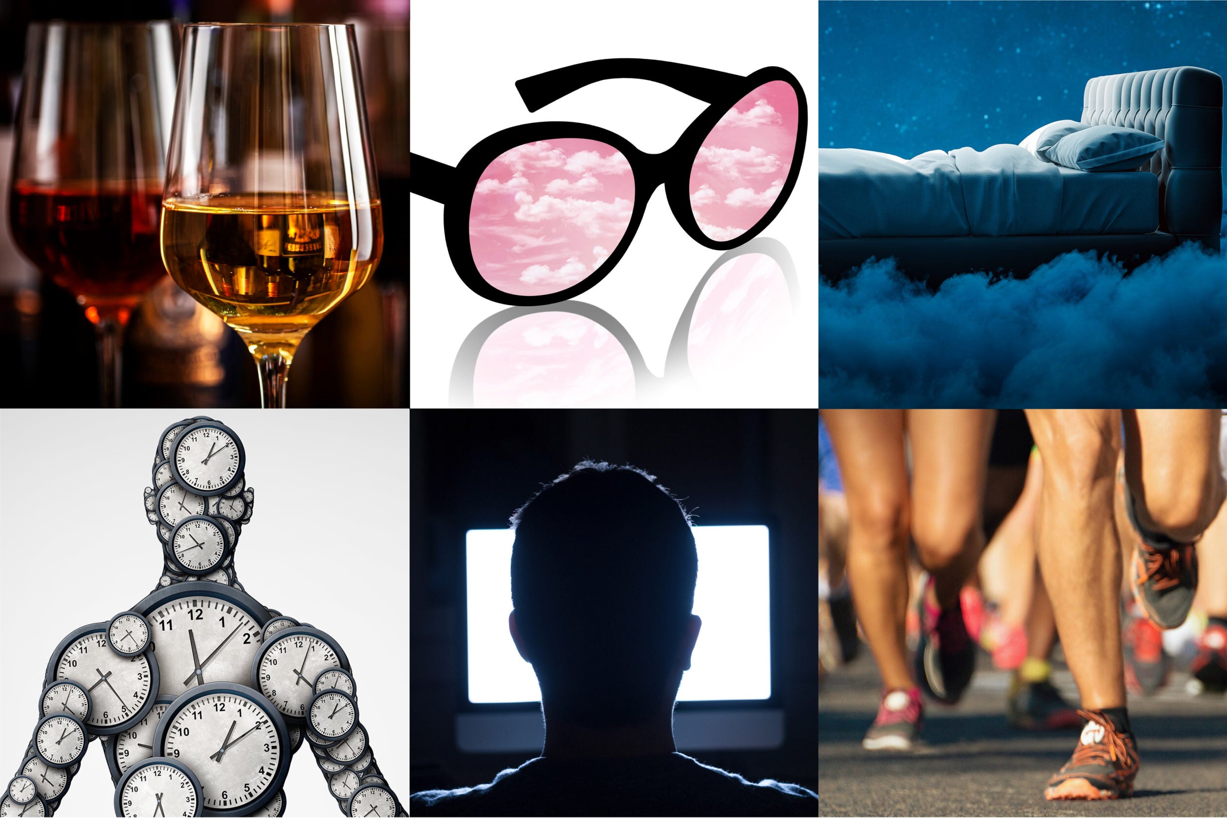 Collage of research topics: drinking, exercise, incels, aging, and sleep.