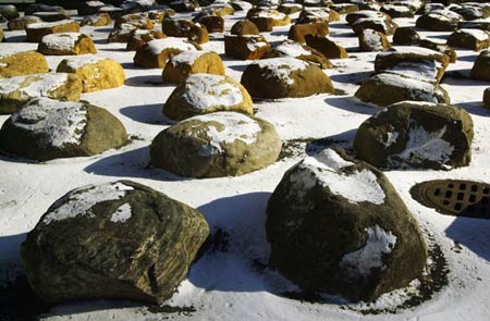 Snow-capped rocks in the garden outside the Science Center