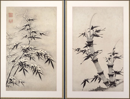 two panels of a folding screen depicting bamboo in