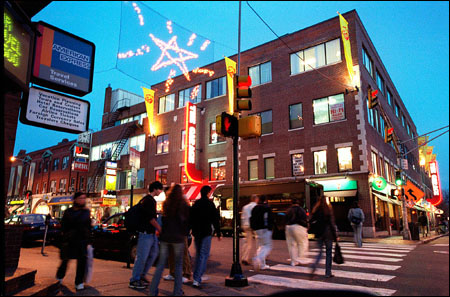 Harvard Square with holiday lights