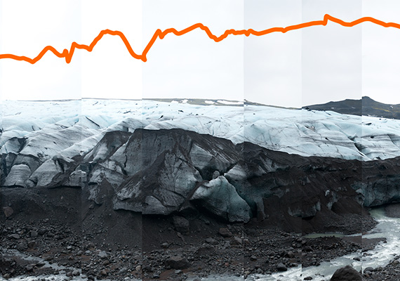 The Solheim Glacier in Iceland in February 2009. The line represents how much the glacier changed in nearly three years. 