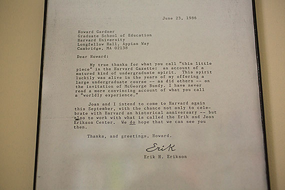 One framed letter is from Erik Erikson, a legendary developmental psychologist who was Gardner’s tutor at Harvard College.