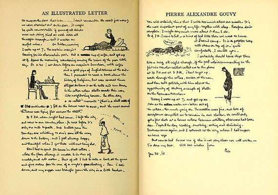 A  January 1915 illustrated letter by French army artillery officer and Harvard business student Pierre Alexandre Gouvy, 1911/1912, reprinted in “The Harvard Volunteers in Europe” (1916). In an age of letter-writing, vivid correspondence poured home from the front lines. Open Library/Internet Archive