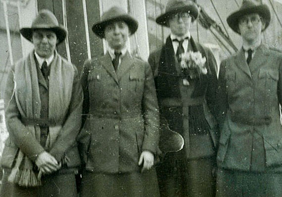 Four members of the Radcliffe Unit in France, circa 1919-1920. Mary Burrage 1914 (from left), Katherine Shortall 1912, Anna Holman 1914, Julia Collier 1910. Courtesy of Schlesinger Library/Radcliffe Institute