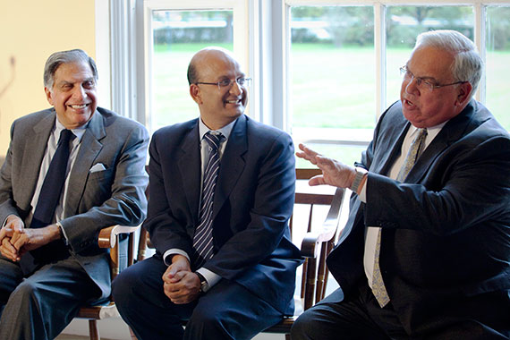 Boston Mayor Thomas M. Menino joined Harvard Business School Dean Nitin Nohria (center) and Ratan Tata for the announcement of a $50 million gift to fund Tata Hall, a new facility to support the Business School's HBS Executive Education Program. File photo by Stephanie Mitchell/Harvard Staff Photographer
