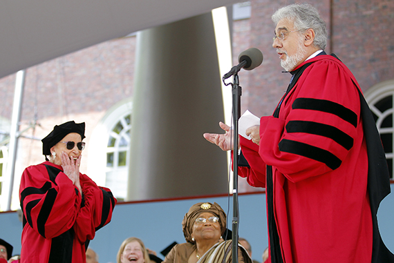U.S. Supreme Court Associate Justice Ruth Bader Ginsburg (left) reacts as tenor Plácido Domingo sings a portion of the citation for Ginsburg’s honorary doctor of laws degree. Domingo was also honored during the 2011 ceremony, with an honorary doctor of music degree. Photo by Brian Snyder/Reuters
