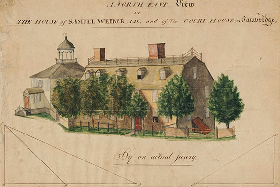 William Boyd's watercolor, "A North East view of the house of Samuel Webber, A.A.S., and of the Court House in Cambridge, by an actual Survey," is remarkable in its detail. Courtesy of Harvard University Archives