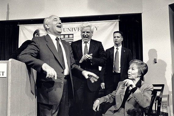 Former President of the Soviet Union Mikhail Gorbachev addresses the JFK Jr. Forum, May 16, 1992. Photo by Martha Stewart