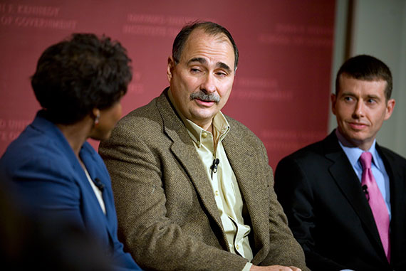 On Dec. 11, 2008, Gwen Ifill (from left), managing editor of Washington Week, moderated the JFK Jr. Forum "War Stories," a conversation with David Axelrod, chief strategist for the Obama presidential campaign, and David Plouffe, campaign manager for the Obama presidential campaign, and (not pictured) Rick Davis, campaign manager for the John McCain presidential campaign, and Bill McInturff, chief pollster for the McCain presidential campaign. Photo by Justin Ide