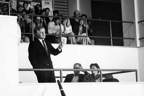 Sen. Edward M. Kennedy during a JFK Jr. Forum event with Sen. Daniel Patrick Moynihan on "America's Poor: What is to be Done?" in September 1986. Photo by Martha Stewart