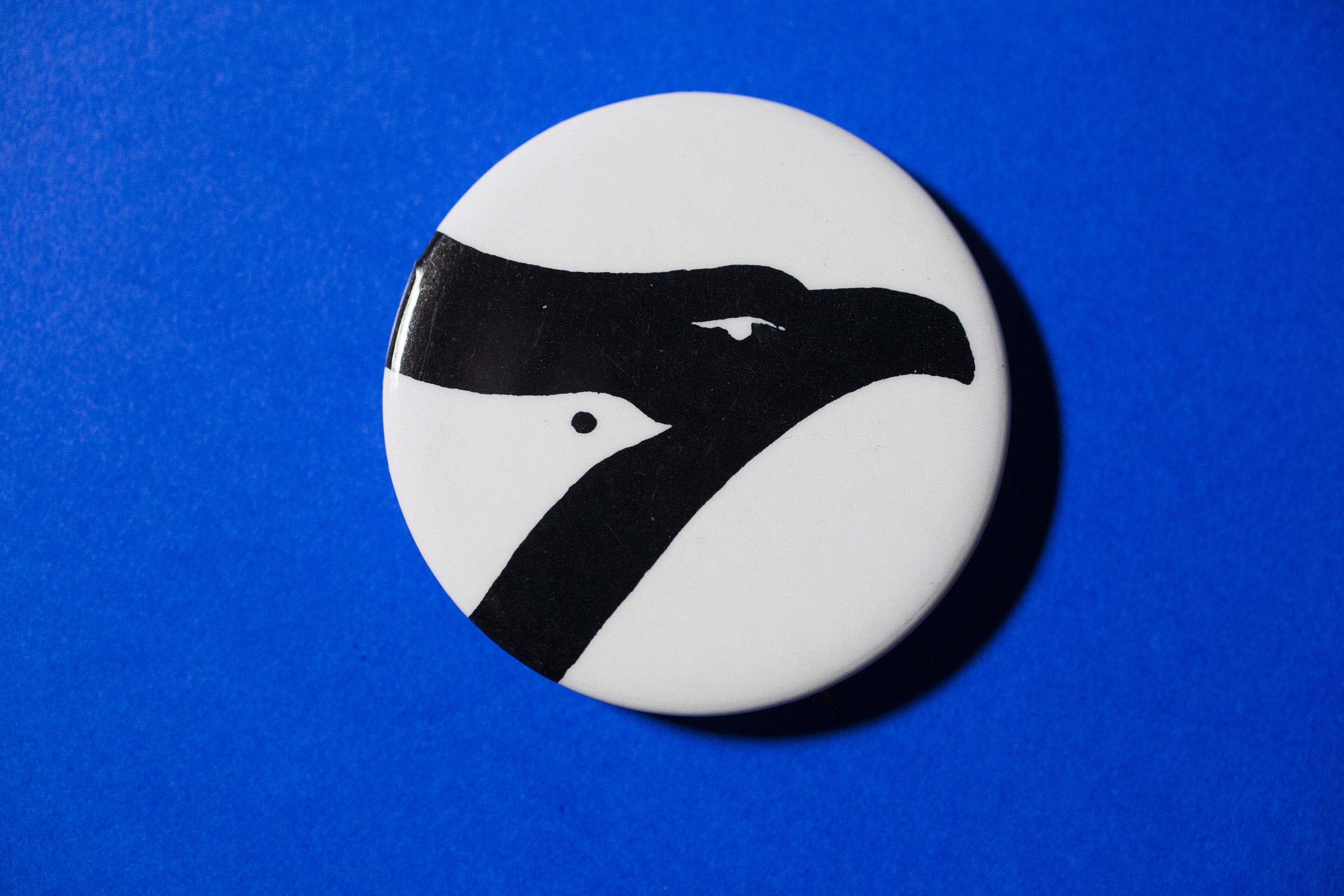 A button with a dove embedded within an eagle signifing the American peace movement.