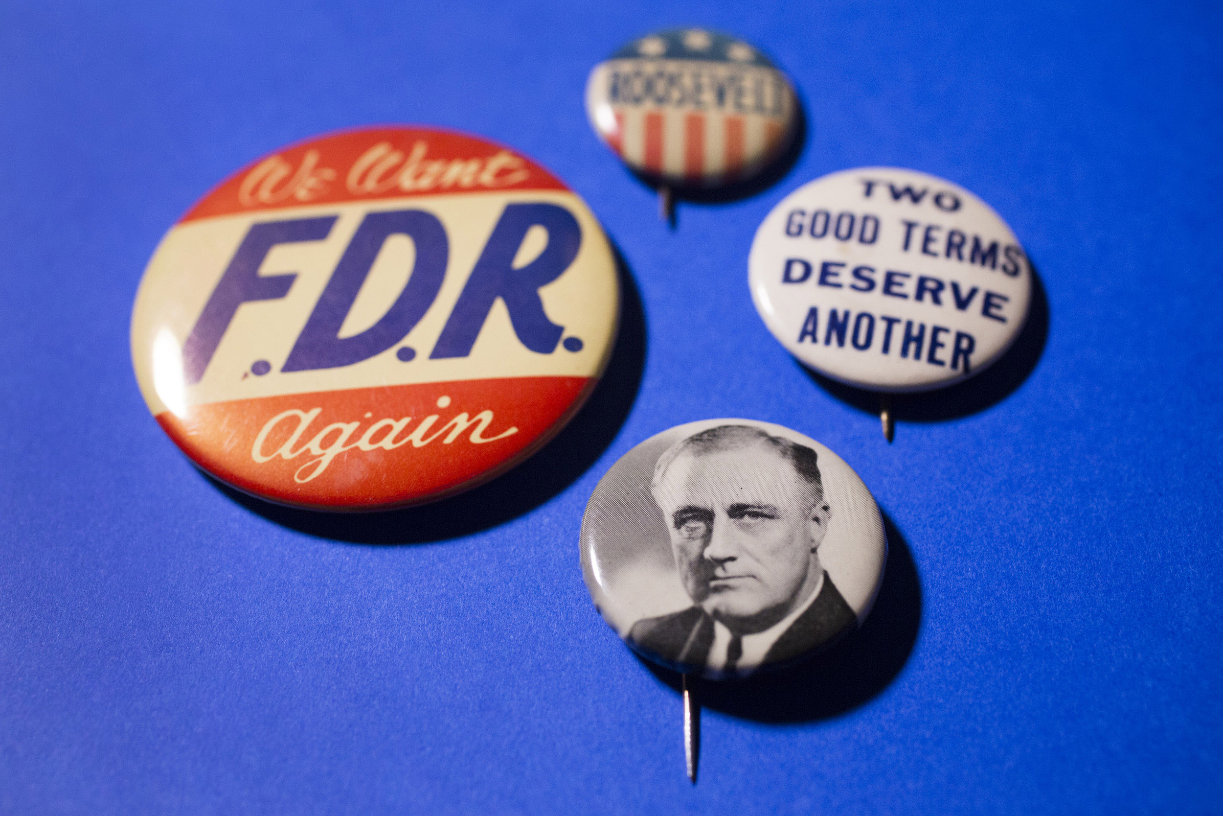 Campaign buttons for Franklin Delano Roosevelt, the only U.S. president to serve more than two terms.