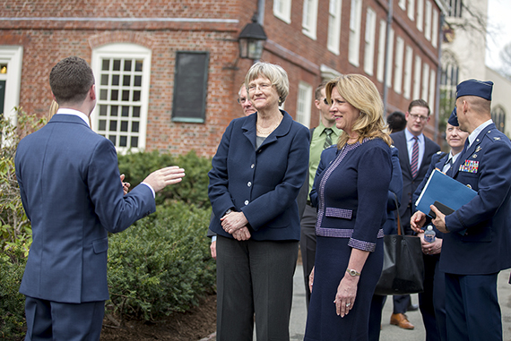 Secretary of the Air Force Deborah Lee James (right) joins Harvard President Drew Faust on a tour of Harvard Yard in celebration of the return of Air Force ROTC to campus. Photos by Rose Lincoln /Harvard Staff Photographer