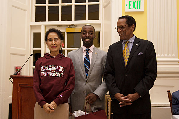 Aung San Suu Kyi (left), state counselor of the Republic of Myanmar, received the Harvard Foundation’s 2016 Harvard Peter J. Gomes Humanitarian Award Devontae Freeland ’19, Harvard Foundation Intern Dr S Allen Counter Jr Director of the Harvard Foundation and Member of the Faculty of Arts and Sciences; Consultant in Audiology in the University Health Services; Professor of Neurology, Part-time