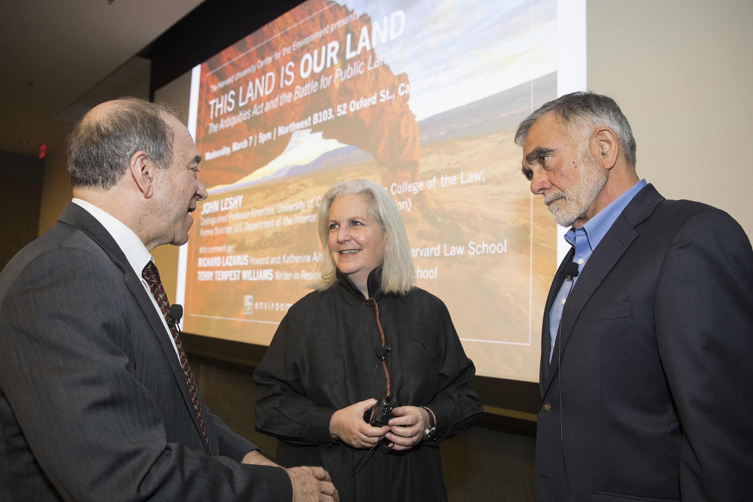 Richard Lazarus, (from left) Howard, Law Prof. HLS, Terry Tempest Williams, Writer-in-Residence, HDS and John Leshy,
