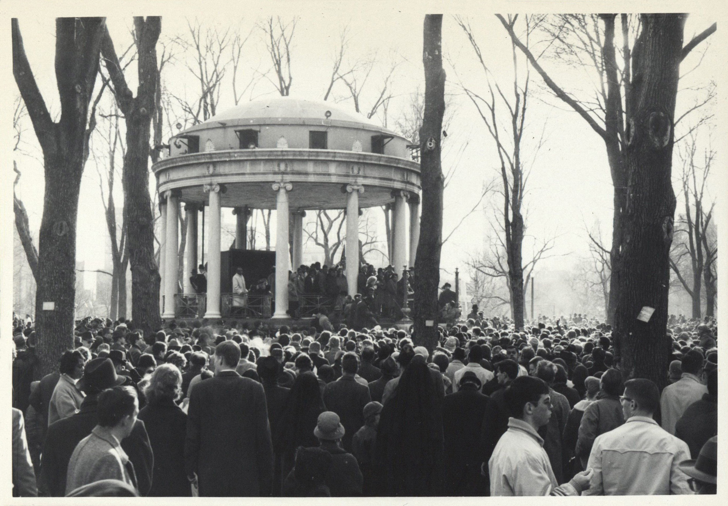 Civil rights protesters gather around the gazebo in Boston Common in 1965.