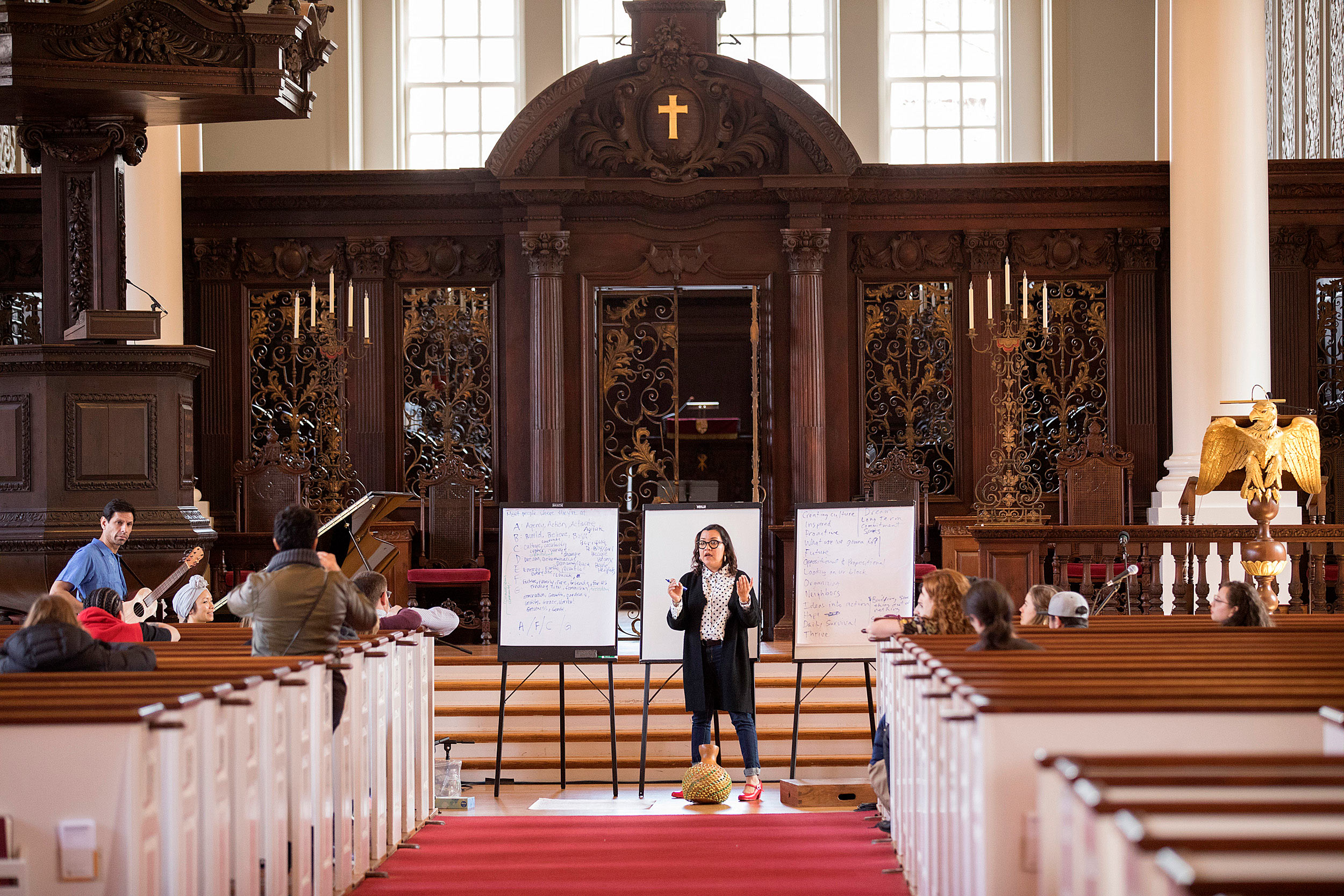 Martha Gonzalez leads a songwriting workshop at Memorial Church.