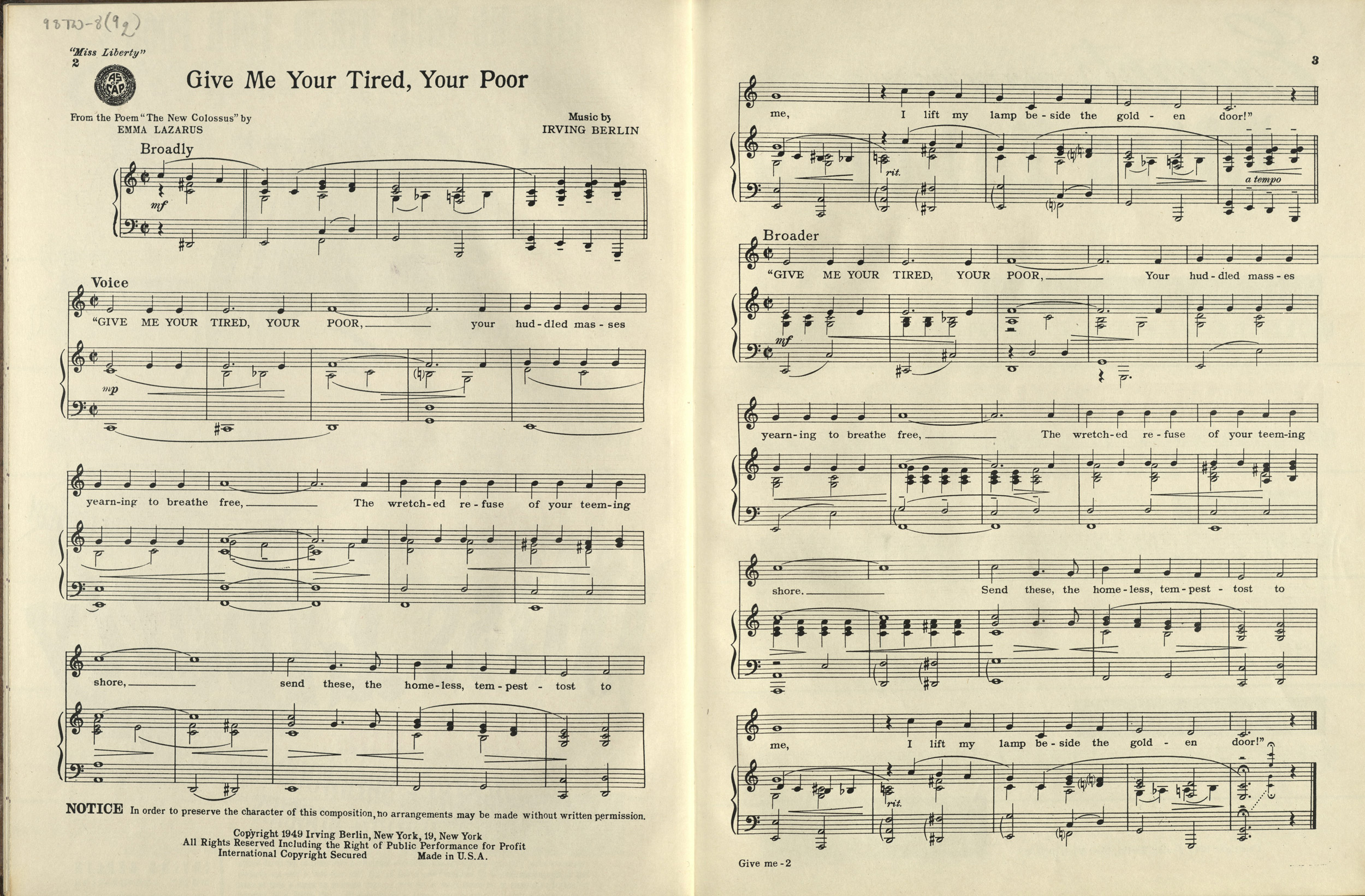 “Give Me Your Tired, Your Poor” by Irving Berlin, 1949.