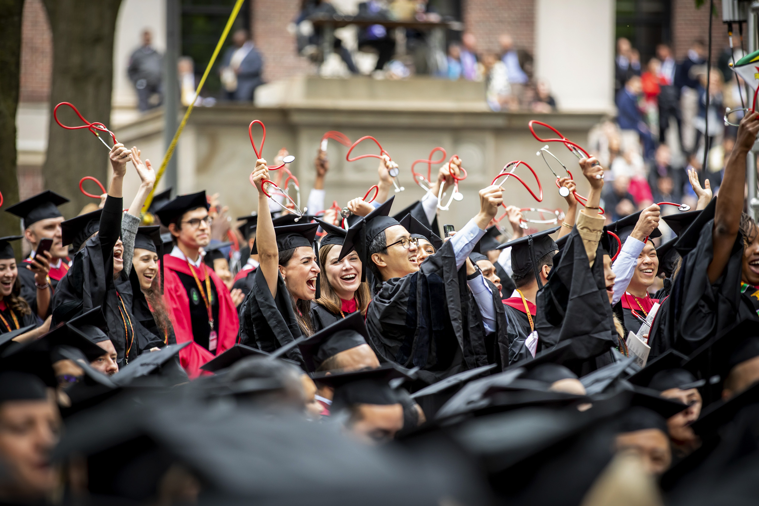 Graduates from Harvard Medical School wave stethoscopes in the air.