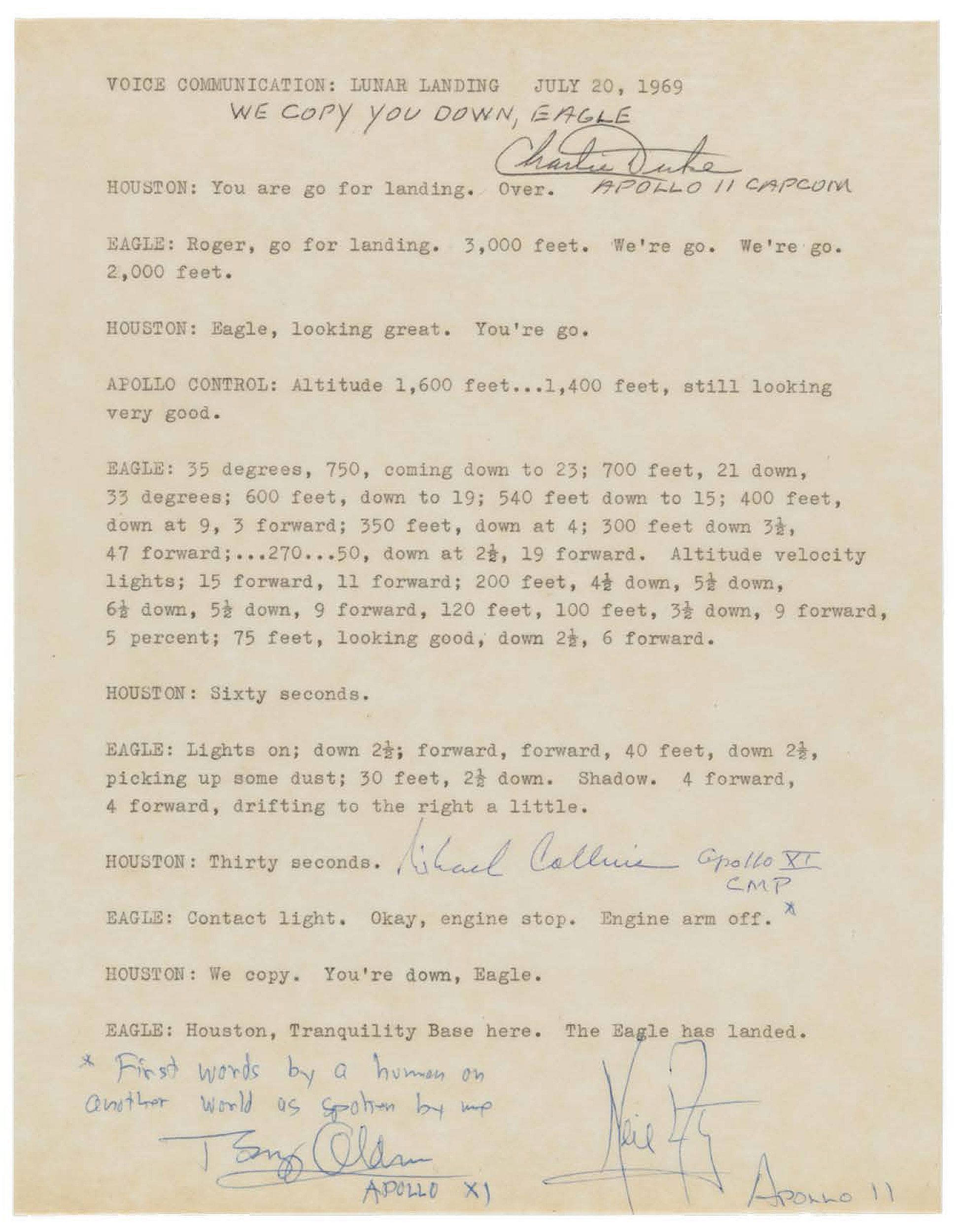 Transcript of Apollo 11 communications, including "The Eagle has landed."