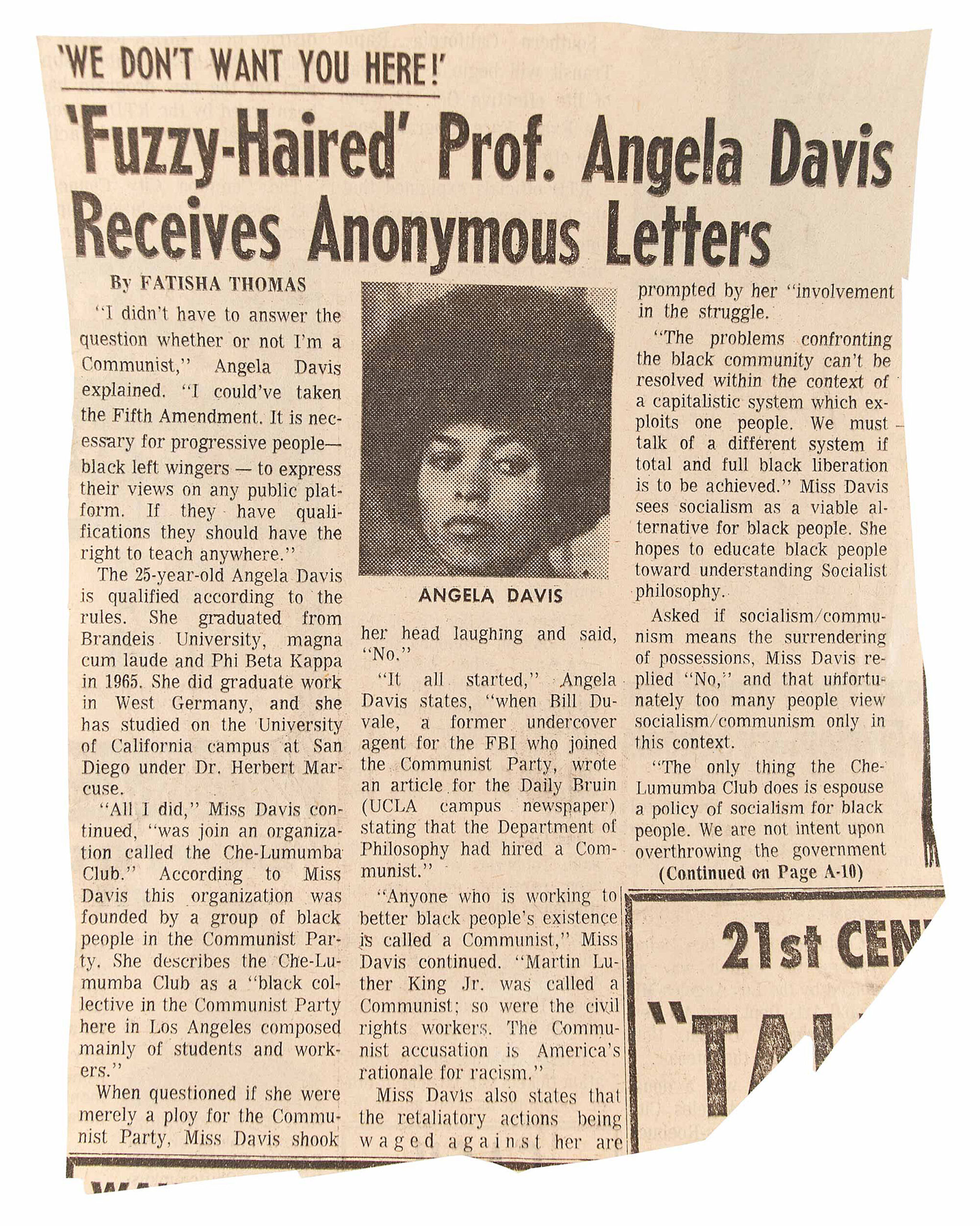 A newspaper clipping of an editorial on Angela Davis