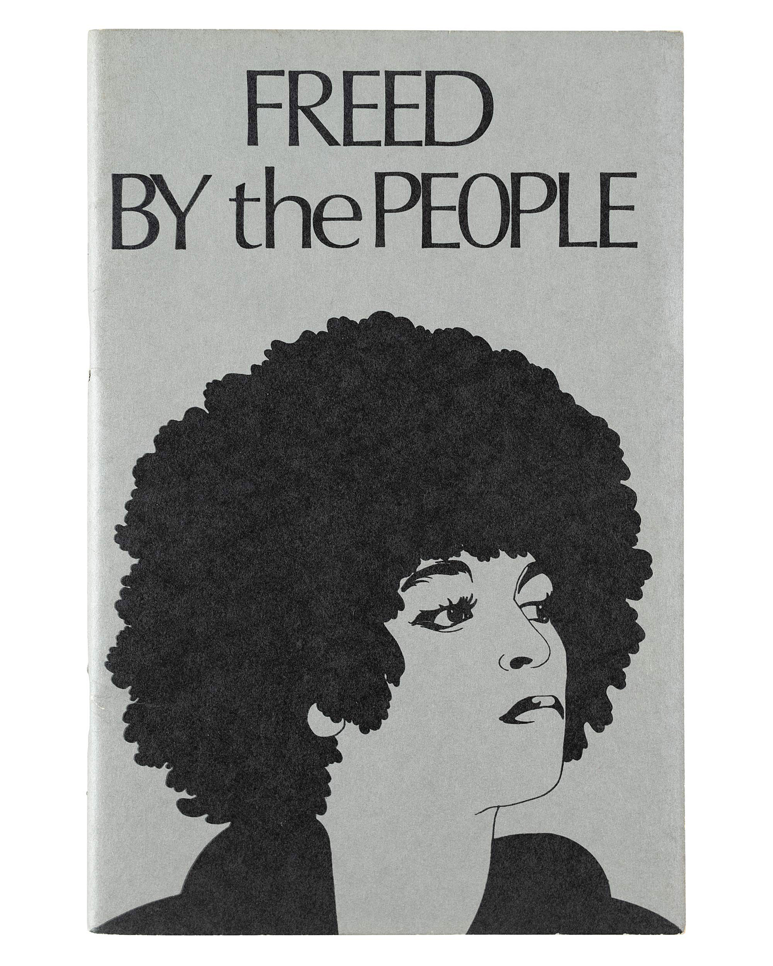 A gray pamphlet with an illustration of Angela Davis and "Freed by the People" in black text.