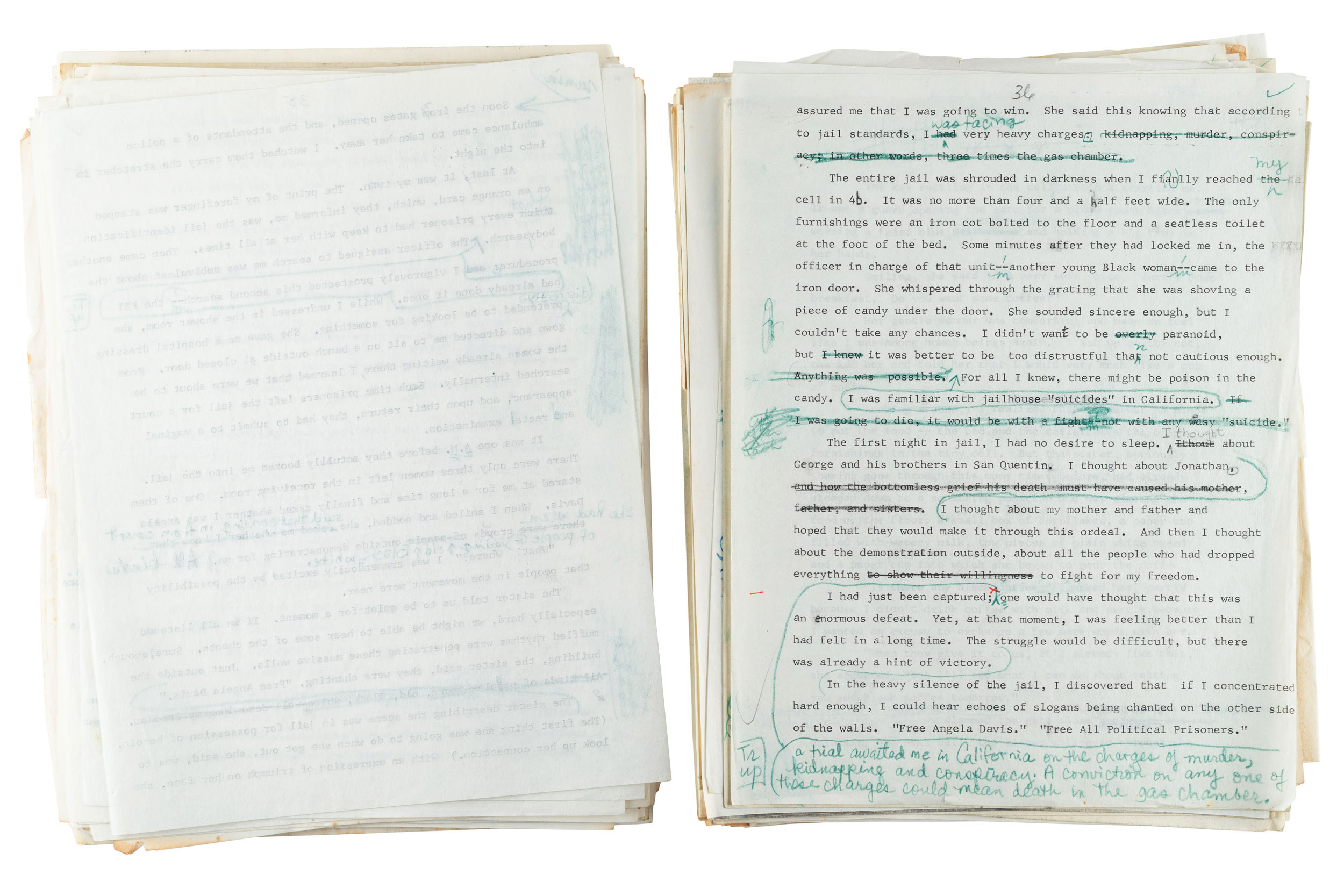A manuscript with edits written in blue pen.