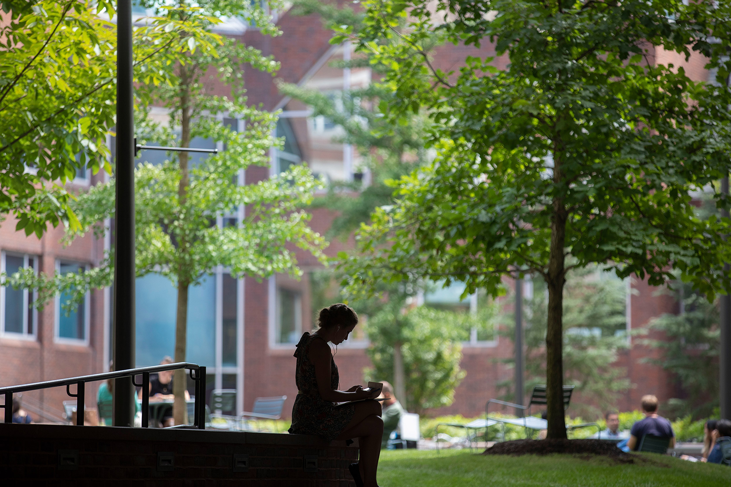 A silhouette of a student studying outside in the courtyard of Harvard Kennedy School