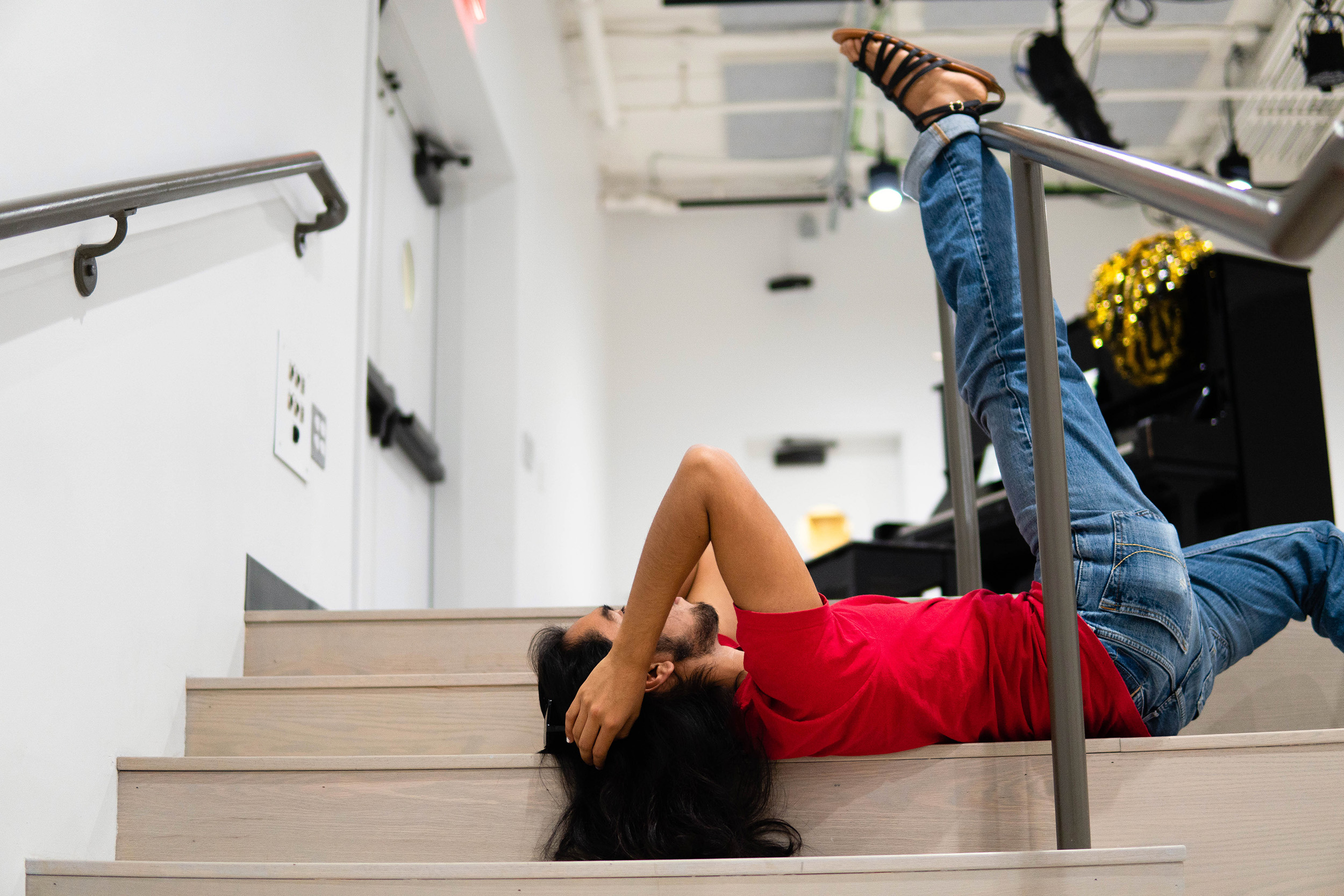 Abraham Rebollo stretches out during a break.