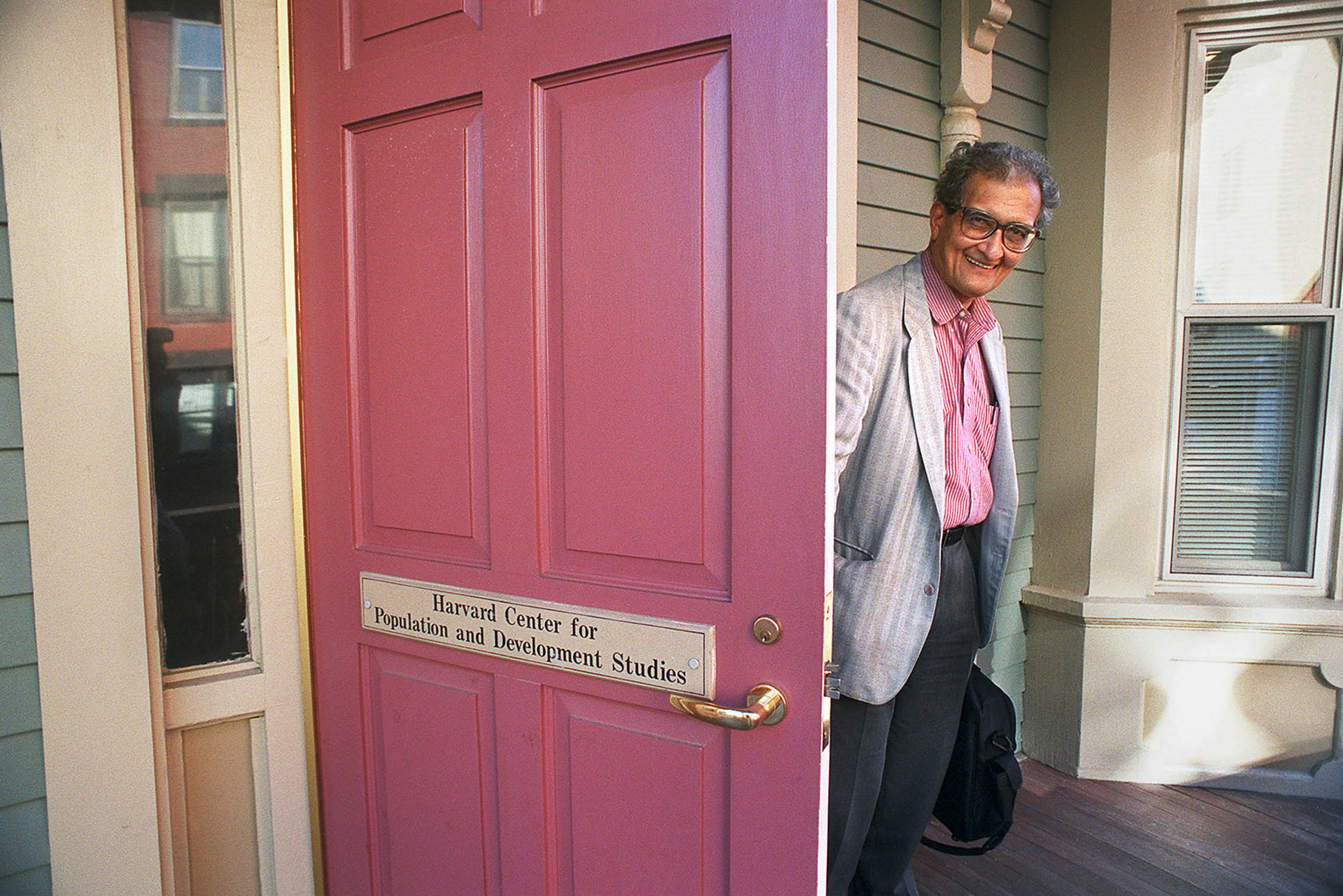 Amartya Sen leaving his office.