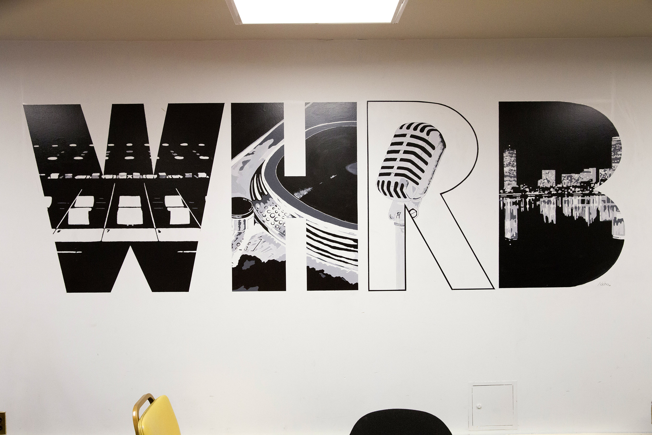 WHRB, 95.3FM, Harvard Radio station's call letters provide the graphics for its studio walls.