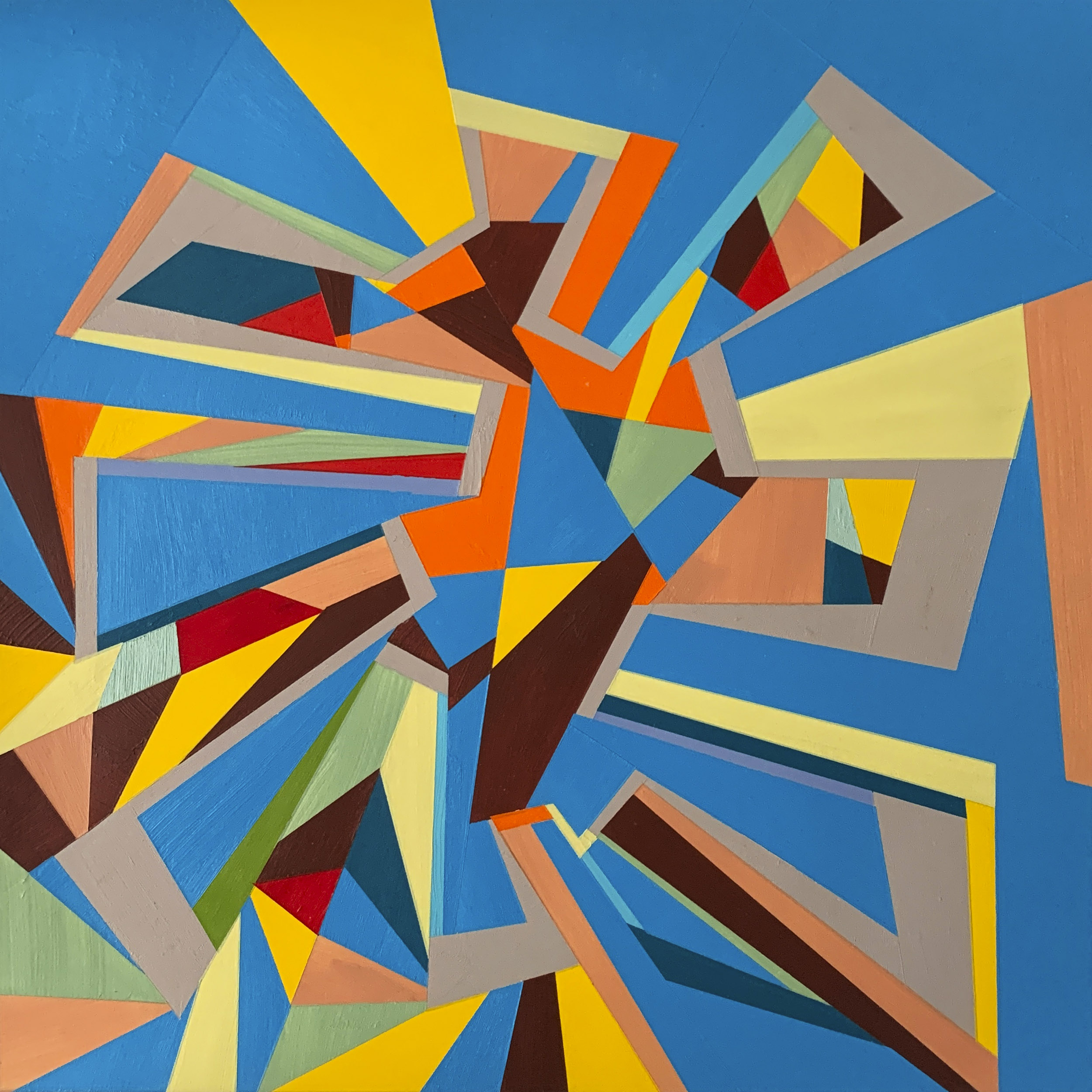 "Painting 1, 4/4/2020" by Mark Feeney. Shapes and bright colors on blue background..