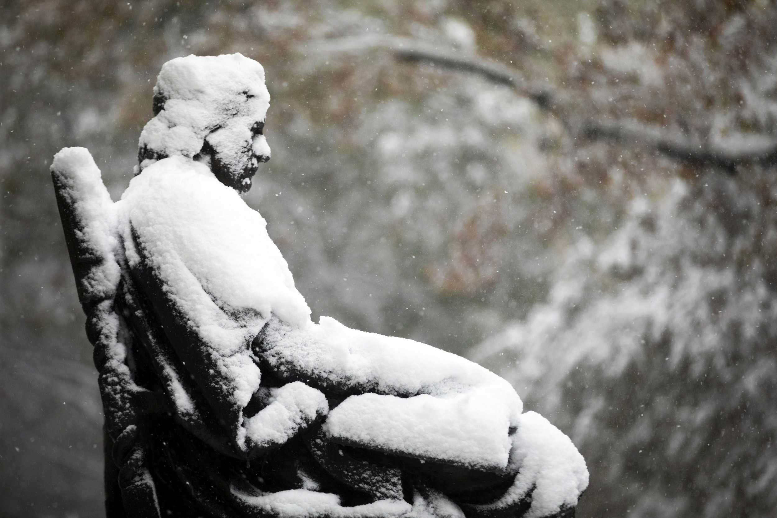 John Harvard in snow.