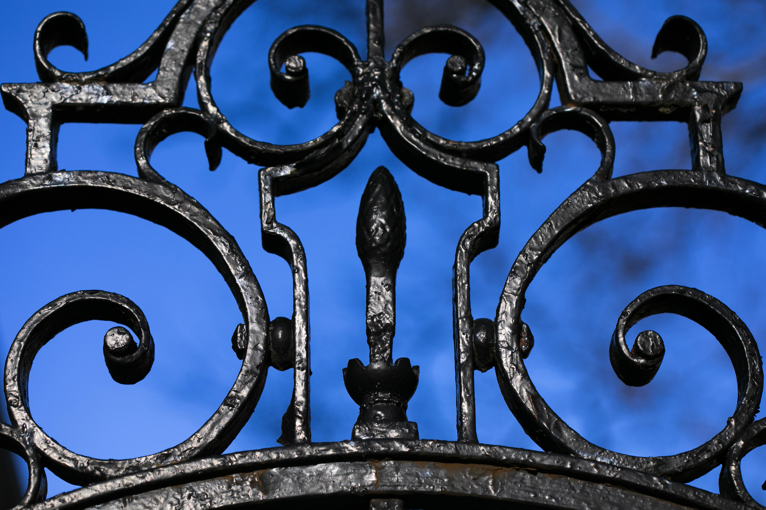 A detail of the elaborate gate is pictured at Kirkland House.