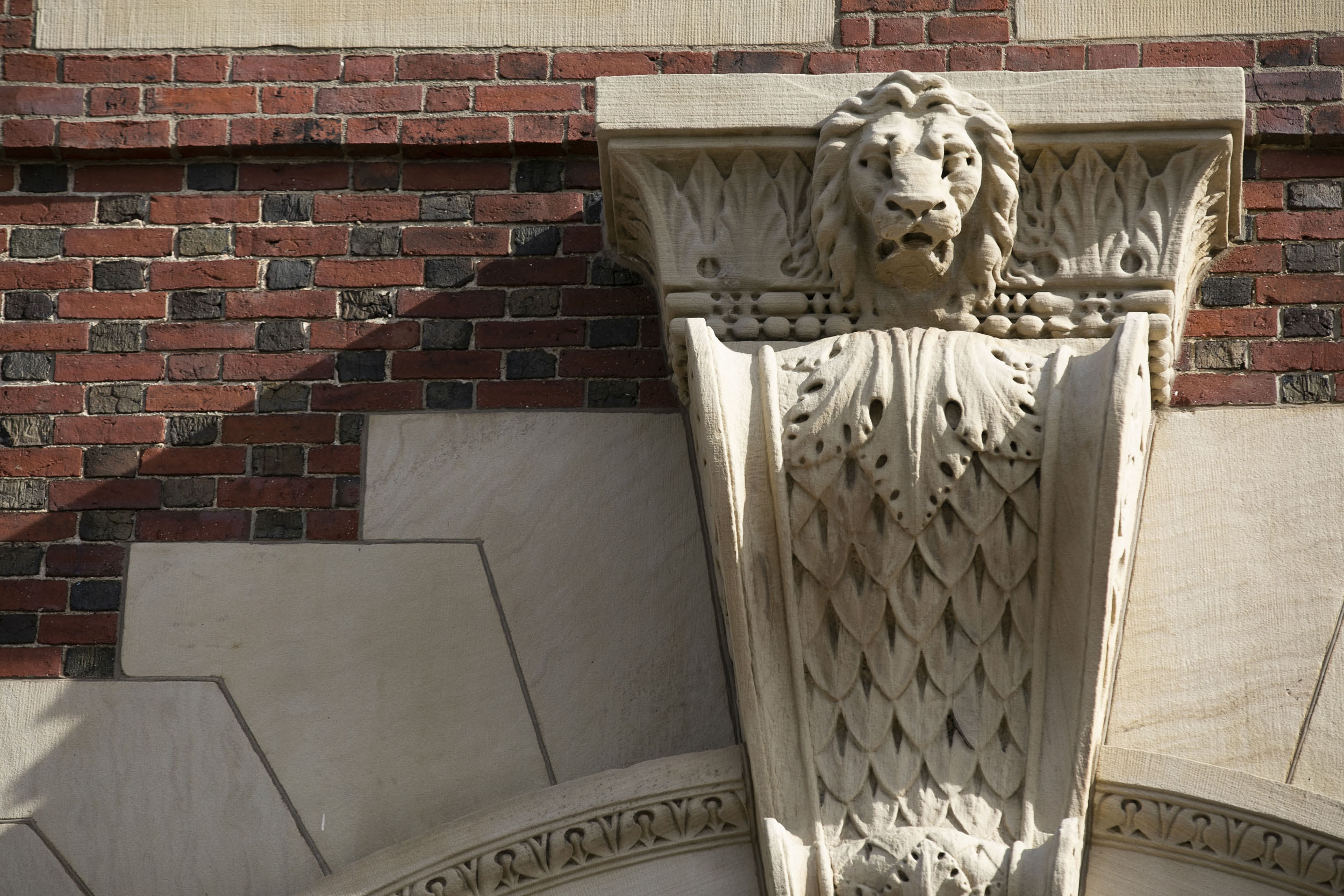 A lion head decorate the entrance above Claverly Hall.