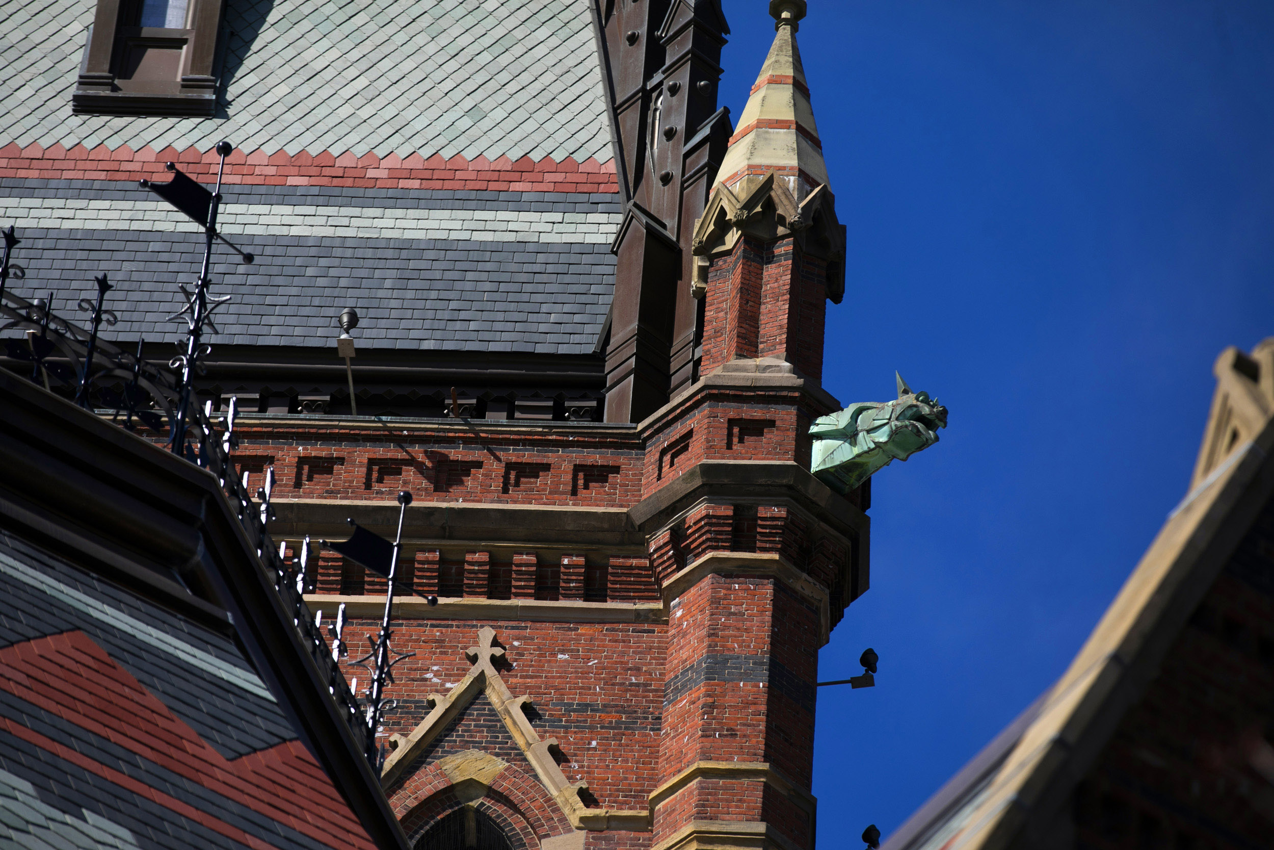 A gargoyle sheathed in copper decorates Memorial Hall’s Gothic Revival tower.